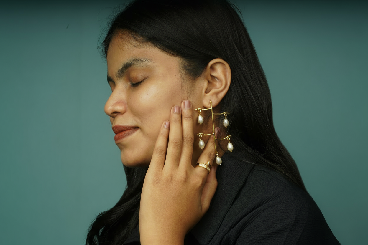 Woman wearing gold earrings and rings against a teal background